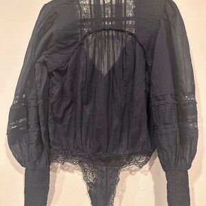 Free People Black Lace Puff Sleeve Bodysuit